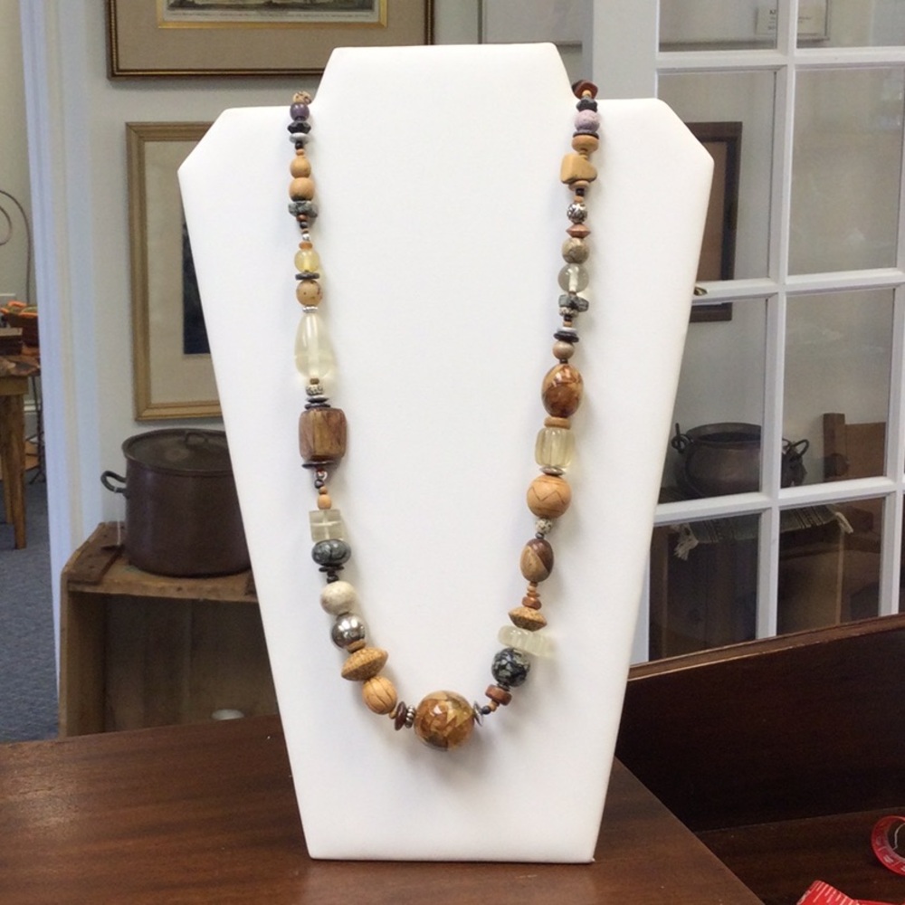Necklace - vintage stone wood acrylic 15” drop metal clasp Bohemian SoHo BoHo